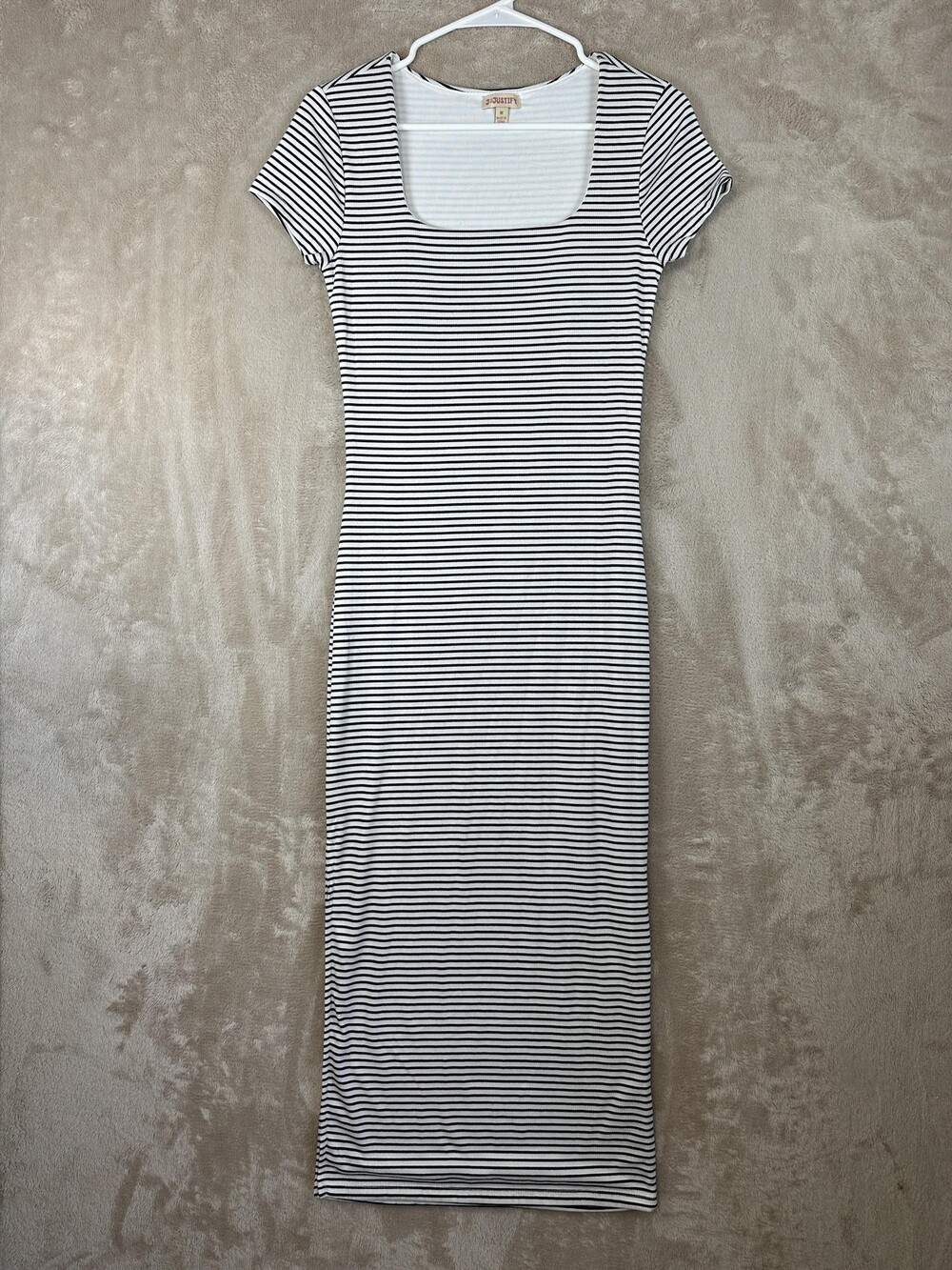 Justify Dress Juniors Medium White Black Stripe Bodycon Long Square Neck Ribbed